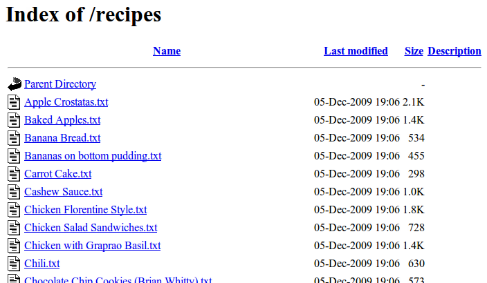 Recipes stored on the server are shown as an Apache server index screen.